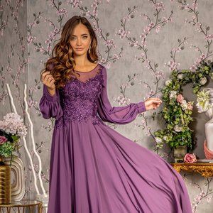 NEW LONG FORMAL FLORAL EMBROIDERED DRESS WITH BOAT-NECK & LONG SLEEVES GL3363